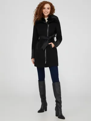 Faux Fur Collar Coat With Leather Details, Black /