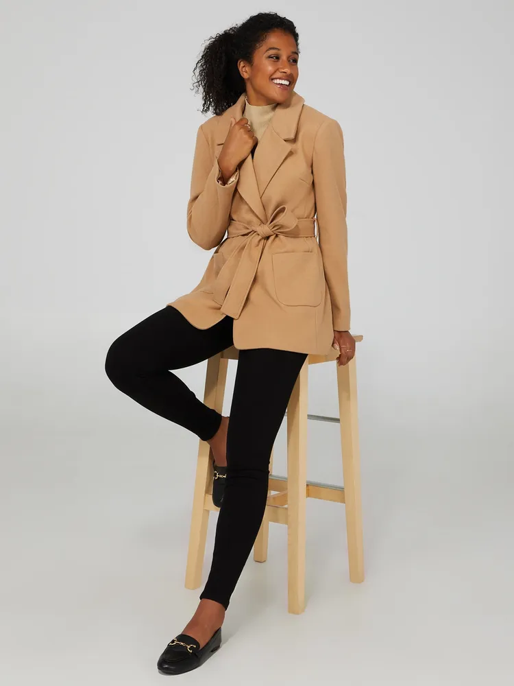 Short Belted Coat With Front Patch Pockets, Camel /