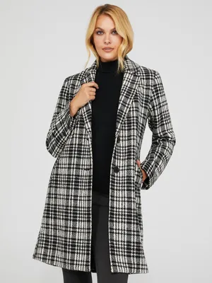 Plaid Single-Breasted Car Coat With Welt Pockets, Black /