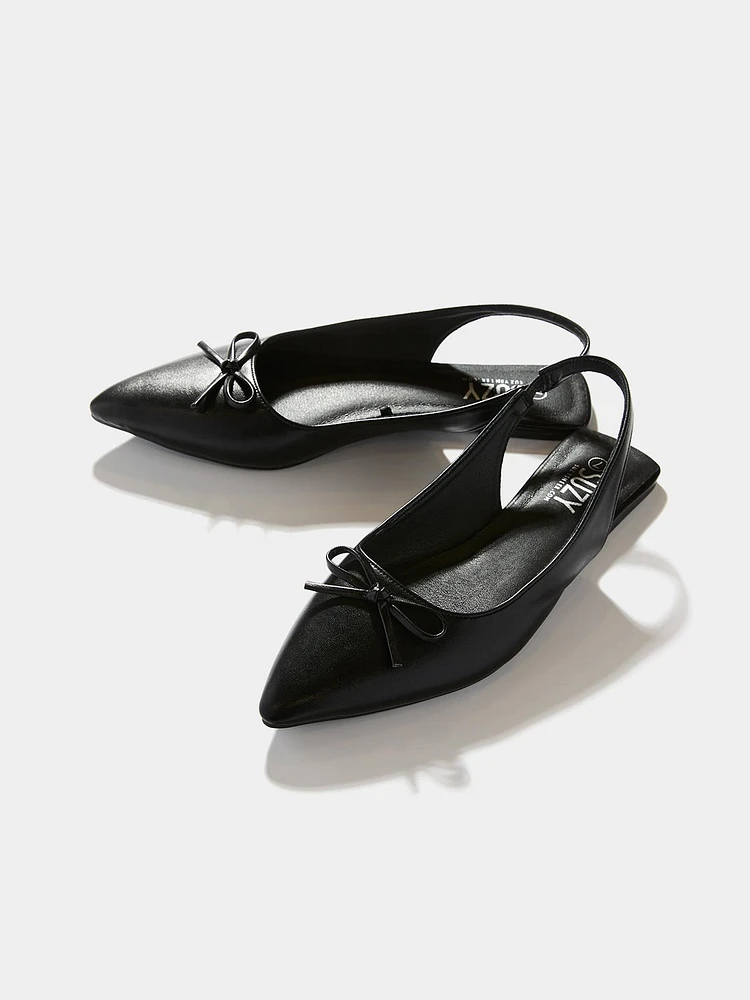 Faux Leather Slingback Flats With Bow Detail