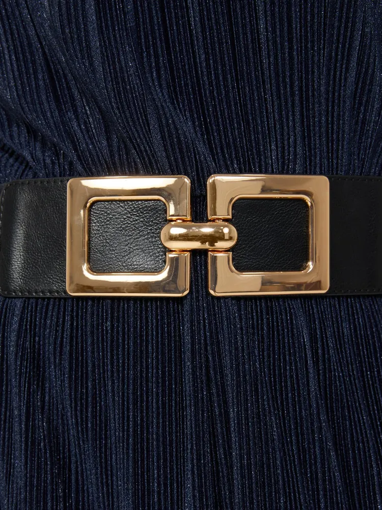 Elastic Belt With Chunky Gold Square Buckle, Black /