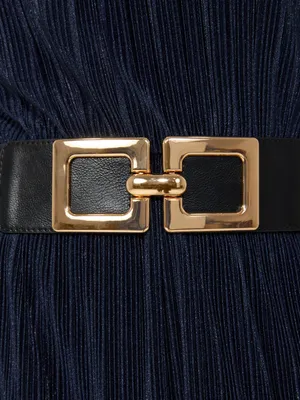 Elastic Belt With Chunky Gold Square Buckle, Black /