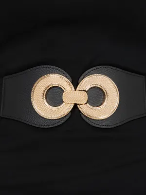 Round Gold Buckle Elastic Belt, Black /