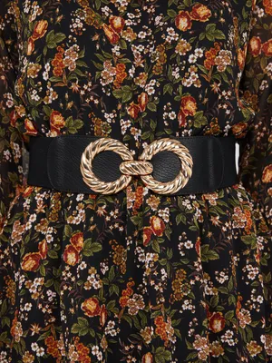 Elastic Belt With Gold Loop Chain Buckle, Black /
