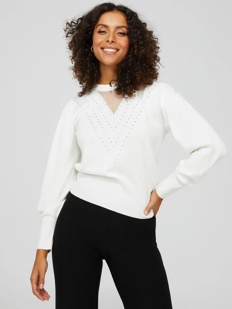 Embellished V-Neck Sweater With Mesh Detail, Antique Creme /