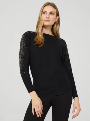 Boat Neck Sweater With Embellished Sleeves, Black /