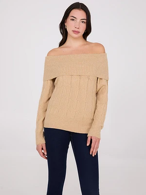 Off-The-Shoulder Cable Knit Sweater