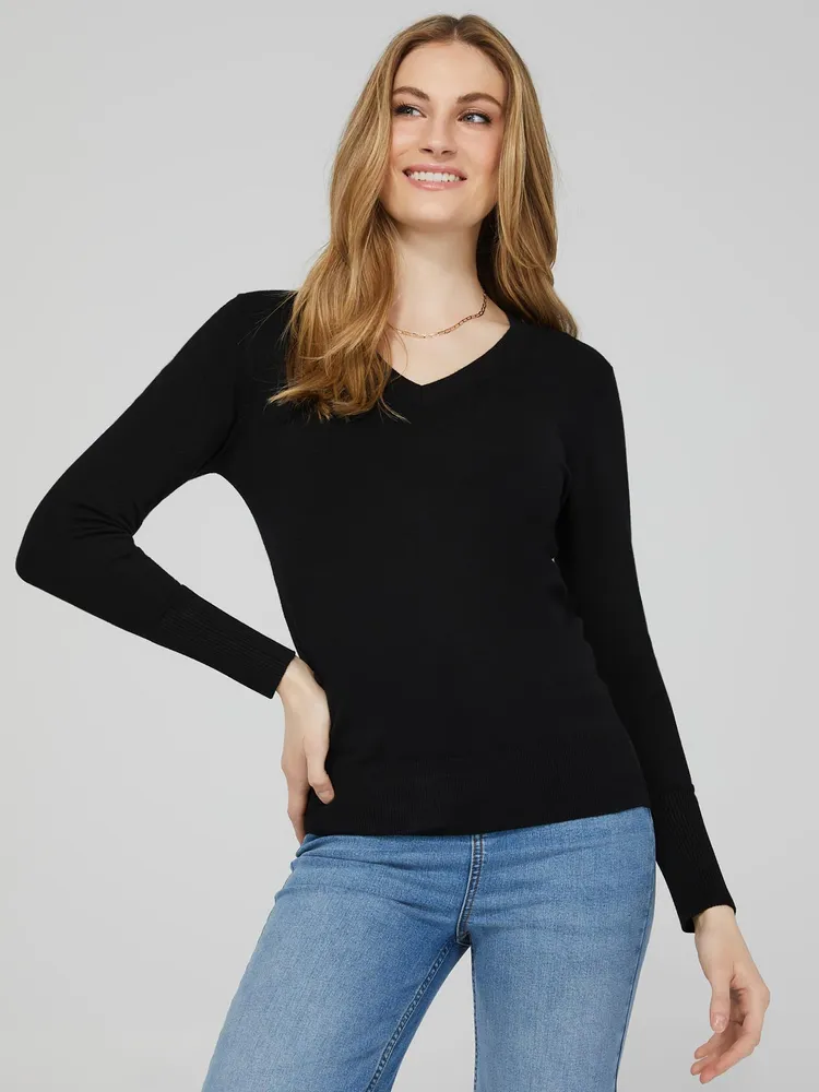 V-Neck Long Sleeve Sweater With Ribbed Cuffs, /