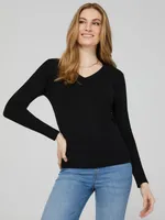 V-Neck Long Sleeve Sweater With Ribbed Cuffs, /