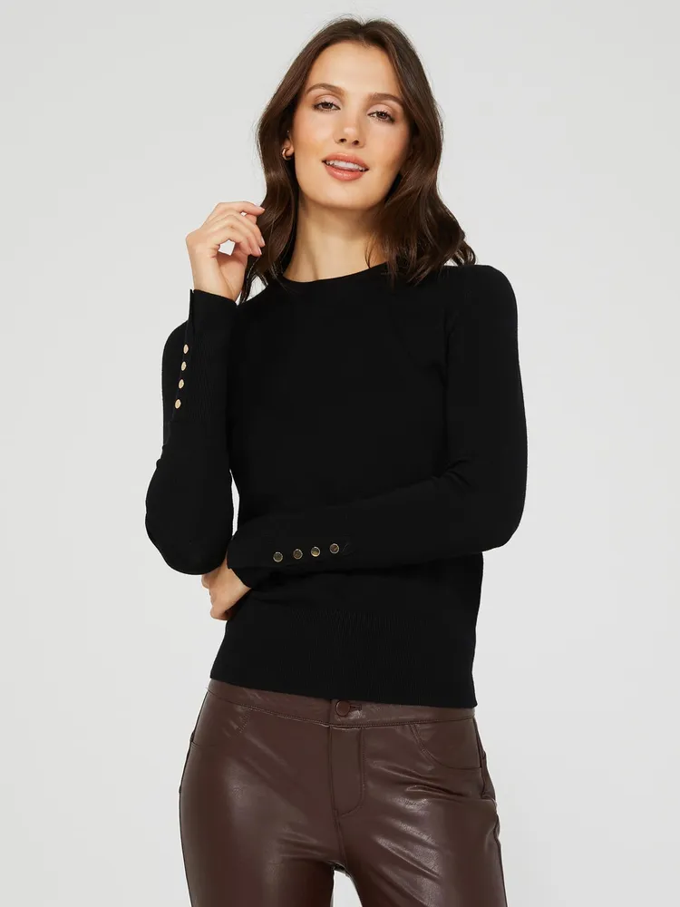 Round Neck Sweater With Snap Buttons On Sleeves, /