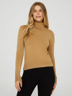 Split Turtleneck High-Low Sweater With Button Detail, /