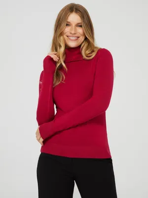 Split Turtleneck High-Low Sweater With Button Detail, /