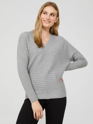 V-Neck Drop Shoulder Ottoman Stitch Sweater, /