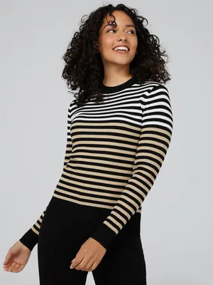 Striped Long Sleeve Crew Neck Sweater, Black /