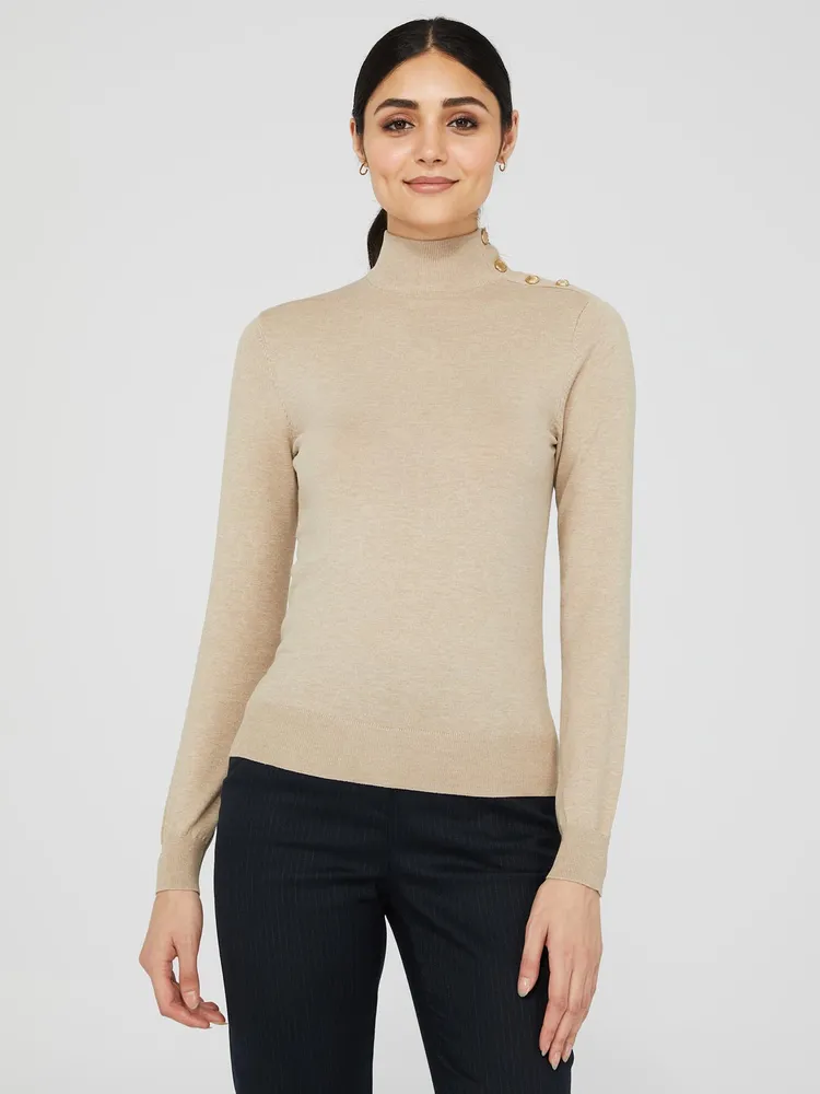 Suzy Shier Mock Neck Sweater With Button Details, /