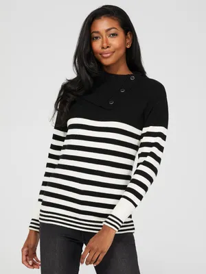 Striped Split Neck Sweater With Button Details, Black /