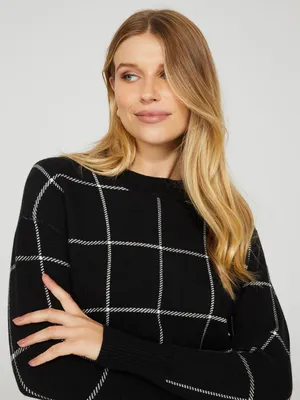 Grid Print Crew Neck Sweater, Black /