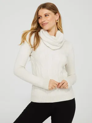 Cowl Neck Cable Knit Front Sweater, /