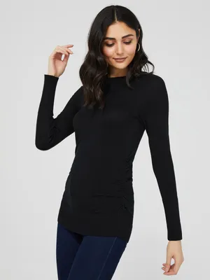 Long Sleeve Round Neck Top With Side Ruching Detail, /