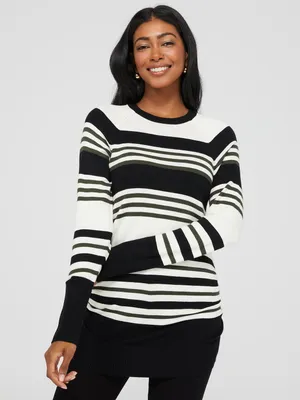 Striped Long Sleeve Round Neck Top With Side Ruching Detail, Pearl /