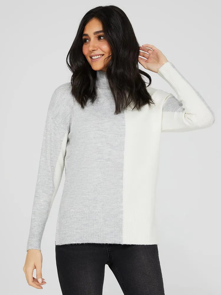 Colour Block Mock Neck Sweater, Pearl /