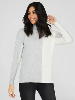 Colour Block Mock Neck Sweater, Pearl /