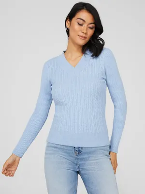 Long Sleeve V-Neck Cable Knit Sweater, /