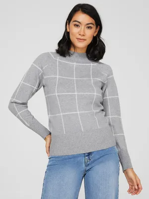 Grid Print Mock Neck Sweater, Grey /