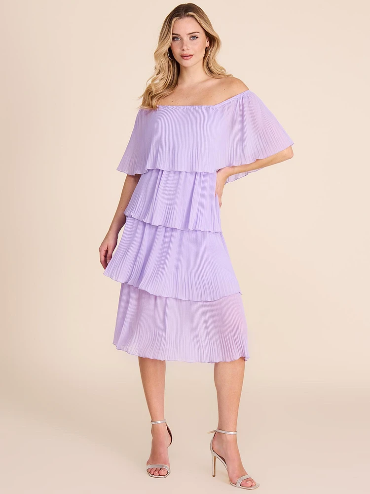 Off-The-Shoulder Tiered Pleated Dress