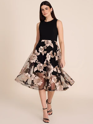 Midi Fit & Flare Dress With Floral Mesh Skirt