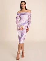 Off-The-Shoulder Marble Print Midi Dress