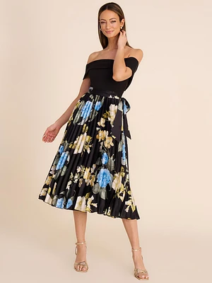 Off-The-Shoulder Midi Dress With Floral Skirt