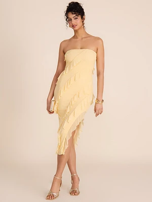 Robe mi-longue sans bretelles avec volants en cascade