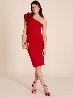 Robe fourreau mi-longue à une épaule avec rosettes