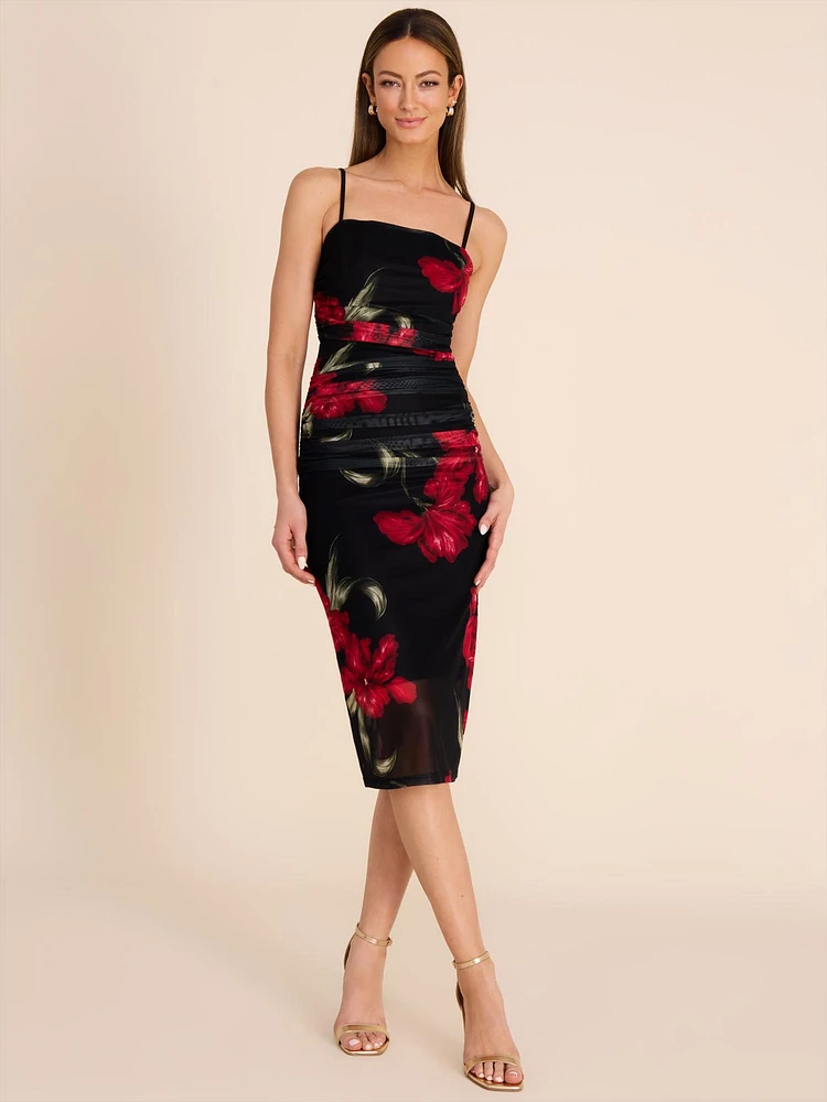Floral Strapless Midi Mesh Dress