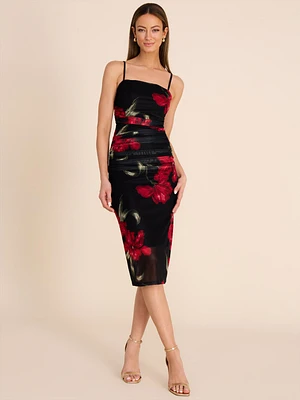 Floral Strapless Midi Mesh Dress
