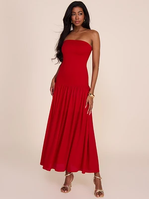 Strapless Midi Dress With Chiffon Skirt