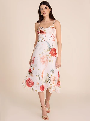 Robe bustier mi-longue ajustée et évasée à motifs floraux