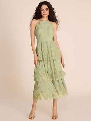Halter Neck Pleated Tiered Midi Dress