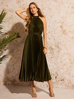 Pleated Satin A-Line Midi Dress
