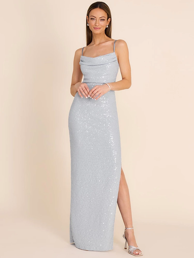 Sequin Jacquard Cowl Neck Column Gown