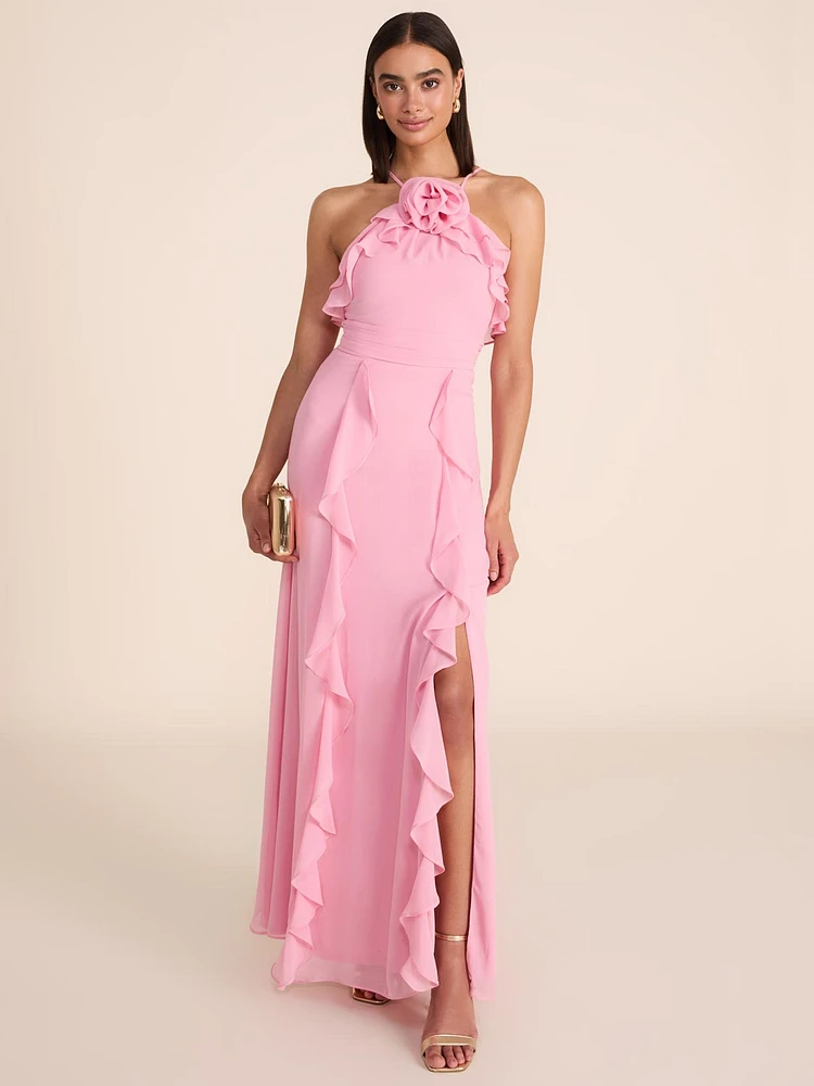 Halter Neck Gown With Cascading Ruffles