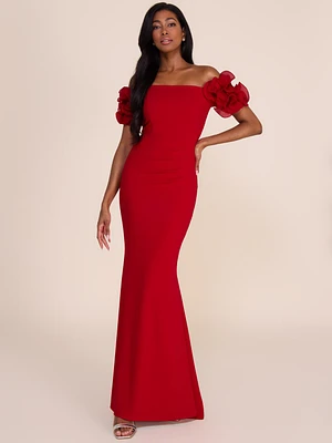 Robe à épaules dénudées avec rosettes en mousseline