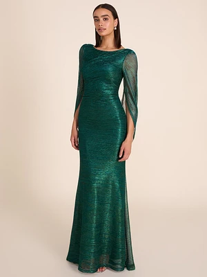 Metallic Crinkle Knit Gown With Back Cape