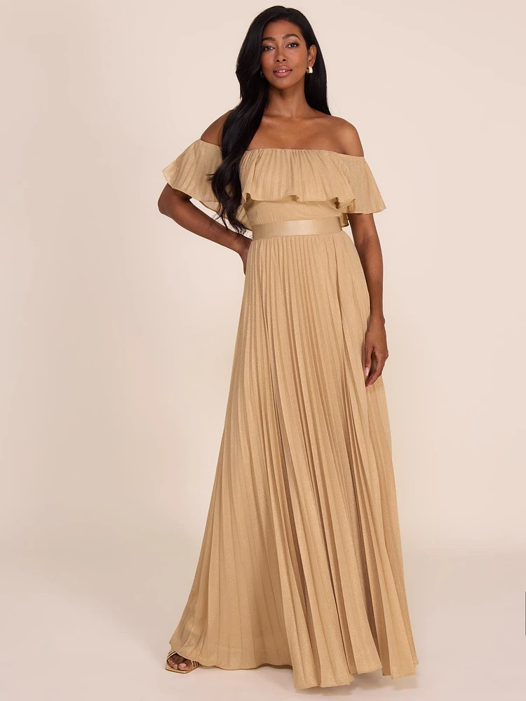 Pleated Off-The-Shoulder Gown