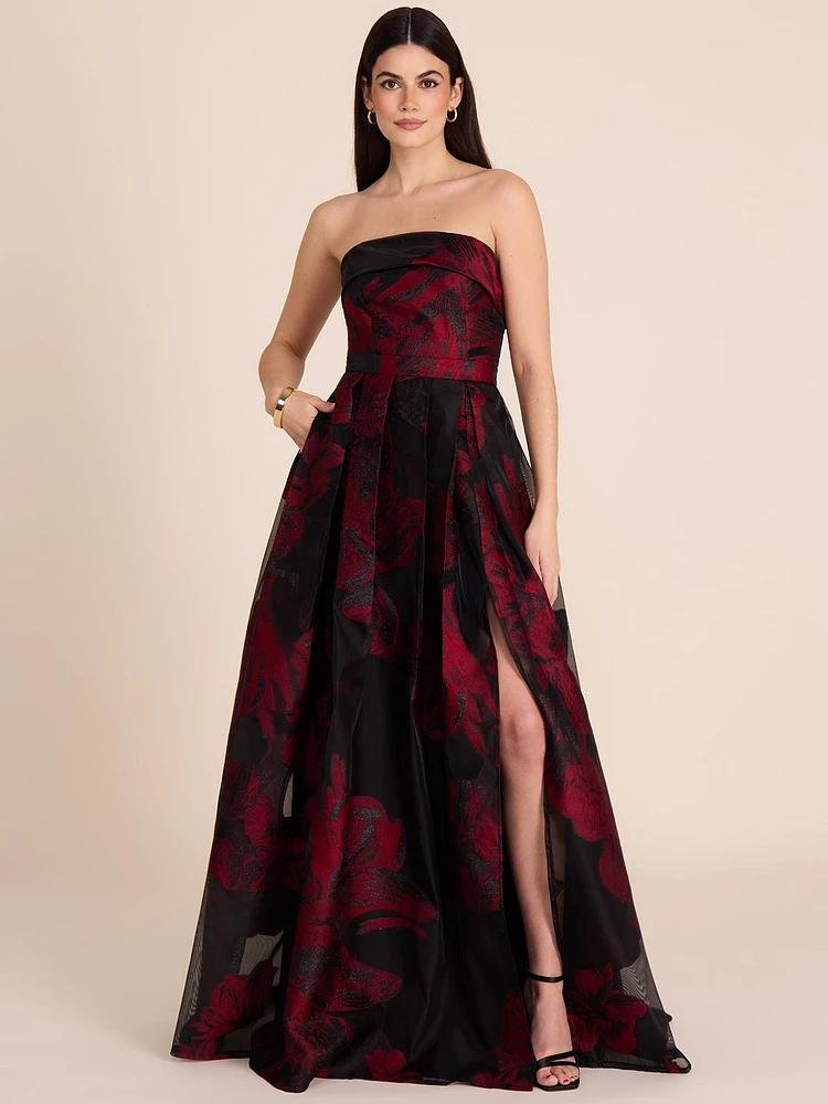 Strapless Floral Jacquard Gown