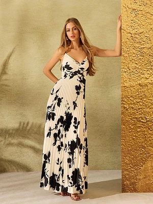 Floral Pleated Satin Gown