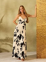 Floral Pleated Satin Gown