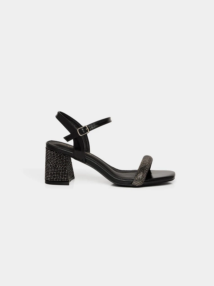 Square Toe Block Heel With Rhinestones