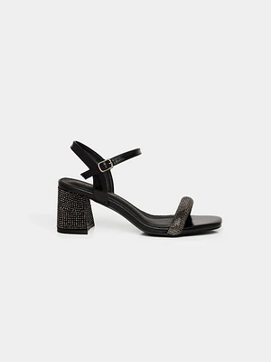 Square Toe Block Heel With Rhinestones